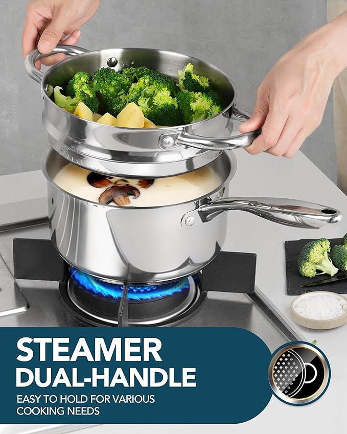 MICHELANGELO 1.5 Quart Saucepan with Steamer, Stainless Steel Saucepan with Lid, Triply Bottom Induction Compatible, Multipurpose Sauce Pot, Dishwasher Safe - Image 2