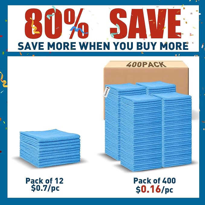 TEAWOO Blue Microfiber Towels Bulk-400 Pack, Cleaning Cloths Bulk - Image 2