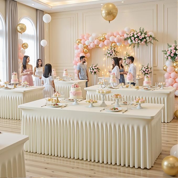 2 Pack Spandex Beige Fitted Table Cloth for 8ft Rectangle Tables Beige Stretch Tablecloth Table Covers Skirt Banquet Wrinkle Free Tablecloths for Parties Wedding - Image 2