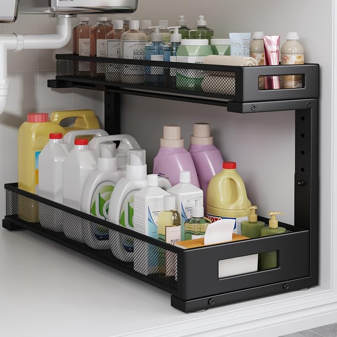 1 Pack 20.47IN Depth Under Sink Storage Organizer, Large 2-Tier Elegant Mesh Pull Out Shelf for Kitchen and Bathroom Cabinet Organization, L-Shaped and Adjustable Height Design-Black by UnderSinkOrganizer