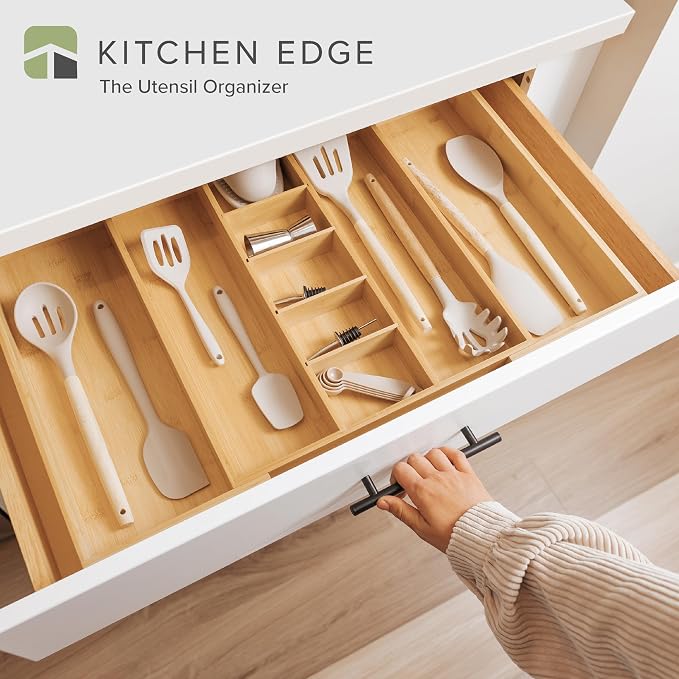 KitchenEdge Utensil & Junk Drawer Organizer, 16-28 in, Bamboo | Food-safe contract grade, 100% sustainable wood, non-slip, adjustable - Image 2