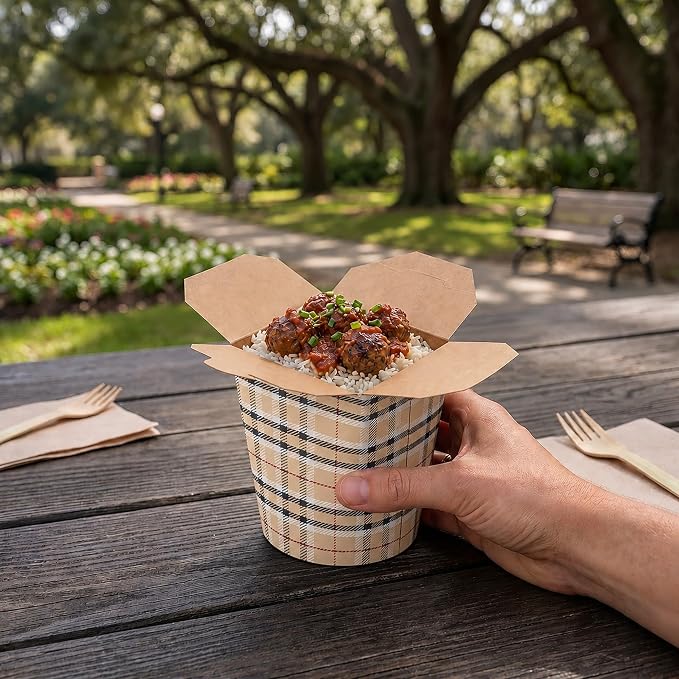 Restaurantware-Bio Tek 3.2 x 2.9 x 4 Inch Food Containers, 200 Noodle Takeaway Boxes - Disposable, Sturdy, Plaid Paper 16 Ounce Take Out Boxes, Round, For Hot Or Cold Foods - Image 5