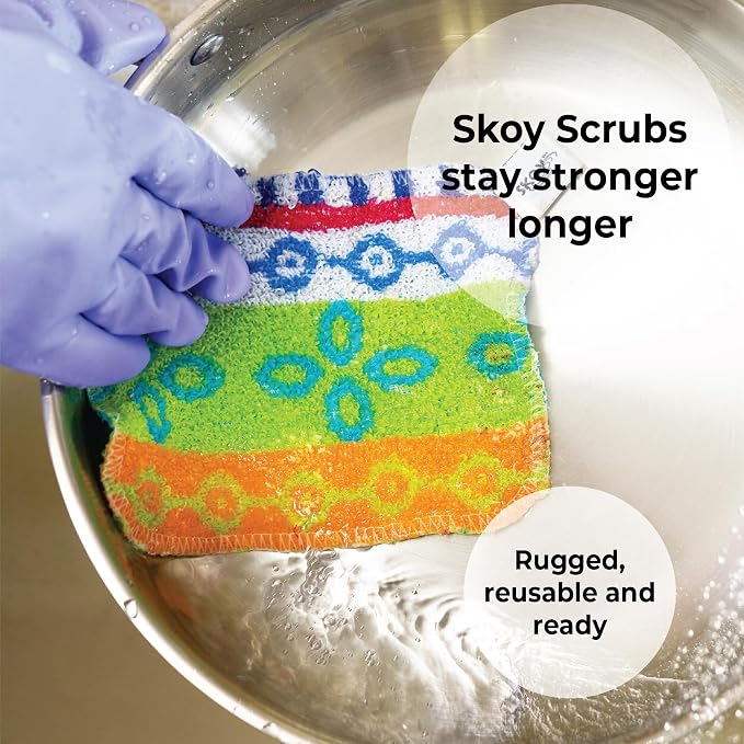 Skoy Scrub, 4-Pack Reusable, Non-Scratching Dish Scrubber for Kitchen and Household Cleaning, Planet-Friendly, Dishwasher Safe Soft Scrub, Assorted Colors and Designs - Image 2