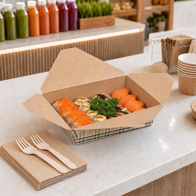 Restaurantware-Bio Tek 8.5 x 6.2 x 1.9 Inch Food Containers, 200 Durable Takeaway Boxes - Disposable, Sturdy, Plaid Paper 49 Ounce Takeout Boxes, Rectangle, For Takeouts And Delivery, Or Picnics - Image 4