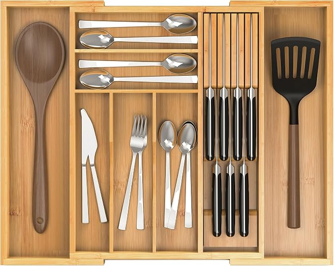 Bamboo Silverware Drawer Organizer, 6-8 Slots Kitchen Drawer Tray | 13"-21.69" Expandable, Utensil Holder & Cutlery Tray with Removable Knife Block, Hold 7 Knives, 2.36" Deep for Extra Capacity by Thalomely