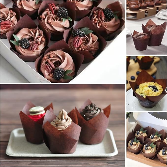 Large size Brown Tulip Baking Cups 2-1/4"(Base diameter) x 4"(Wall height) Greaseproof paper baking cupcake Muffin liners, Case of 130 pcs - Image 5