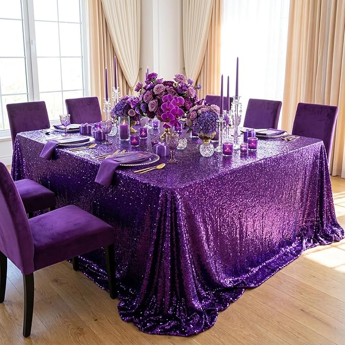 Rectangle Sequin Tablecloth 90x156 Inch Glitter Purple Party Tablecloth - Image 4