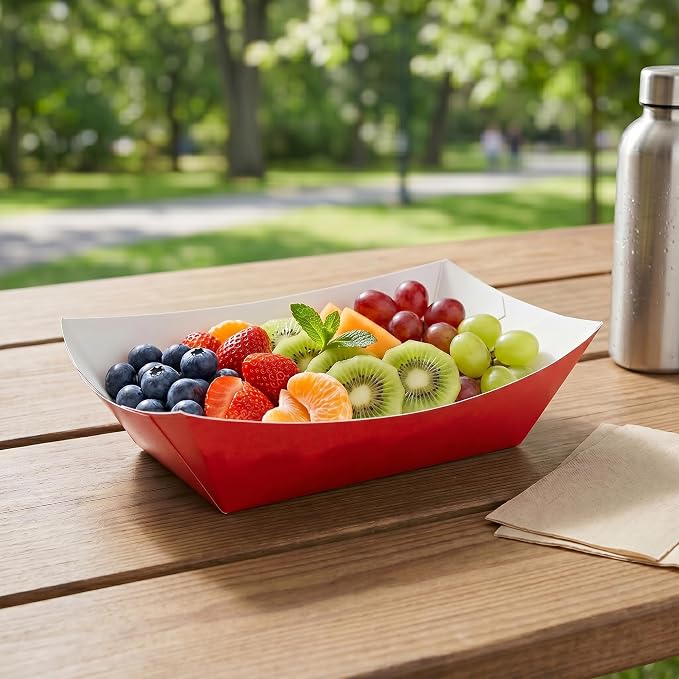 Restaurantware-Bio Tek 1 Pound Food Trays, 200 Disposable Paper Food Trays - Heavy-Duty, Greaseproof, Red Paper Food Boats, For Snacks, Appetizers, Or Treats, Use At Parties Or Carnivals - Image 3