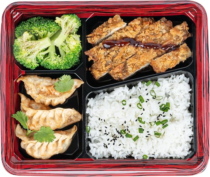 Restaurantware-Bento Tek 18.6 Ounce Meal Prep Containers, 100 Disposable To Go Food Boxes - Lids Sold Separately, 4 Compartments, Red And Black Plastic Bento Lunch Boxes, Freezable, For Take Out - Image 7