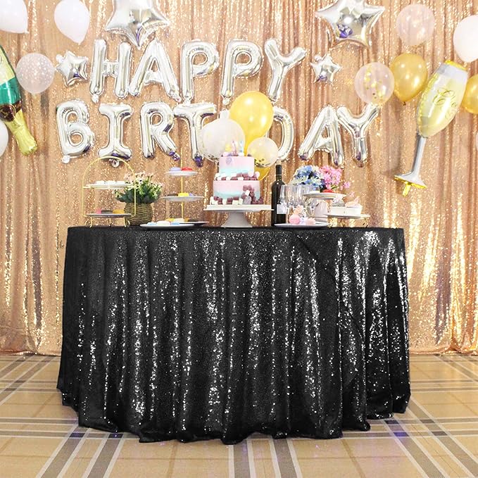 JYFLZQ Black Sequin Tablecloth, Glitter Party Table Cover 120 Inch Round by JYFLZQ