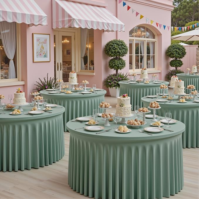 6 Pack Spandex Sage Green Round Tablecloths for 60in Tables-Stretchy 120inch Fitted 5FT Round Table Cloths-Wrinkle Free Table Cover with Skirt for Wedding Birthday Party Bridal Shower Banquet - Image 5