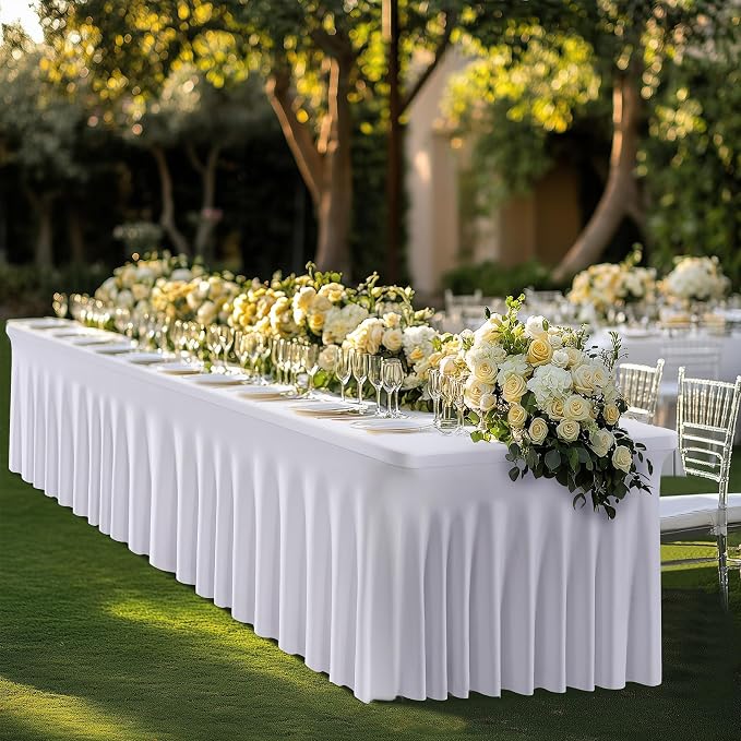 leegleri 4 Pack White Spandex 8ft Table Cloths for Rectangle Tables, Wrinkle Free Fitted Table Covers 8 Foot Stretch Tablecloths Desk Skirt for Banquet Weddings Parties Baby Shower - Image 8