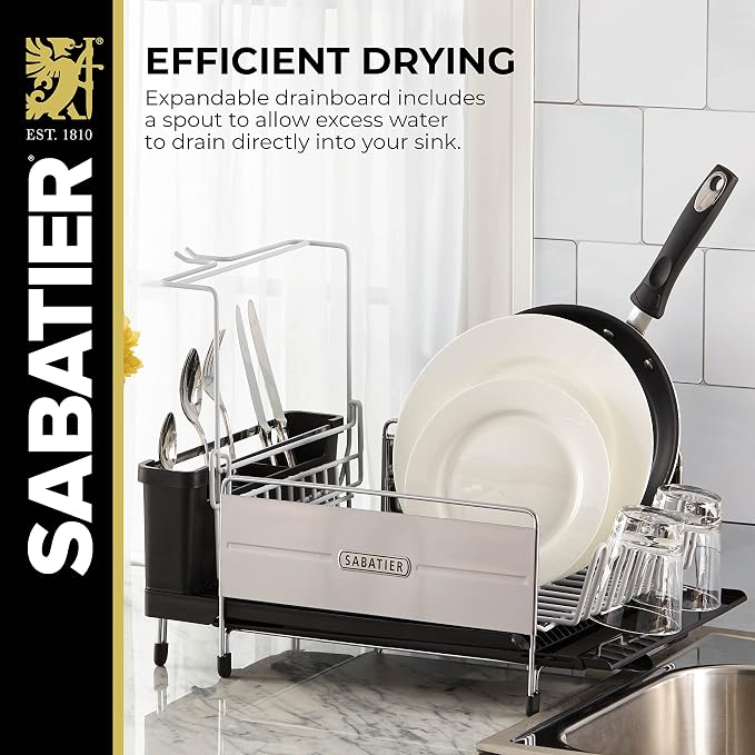 Sabatier Expandable Dish Drying Rack with Drainboard - Stainless Steel Dish Rack for Kitchen Counter, Stemware Holder and Utensil Caddy Included - Image 5