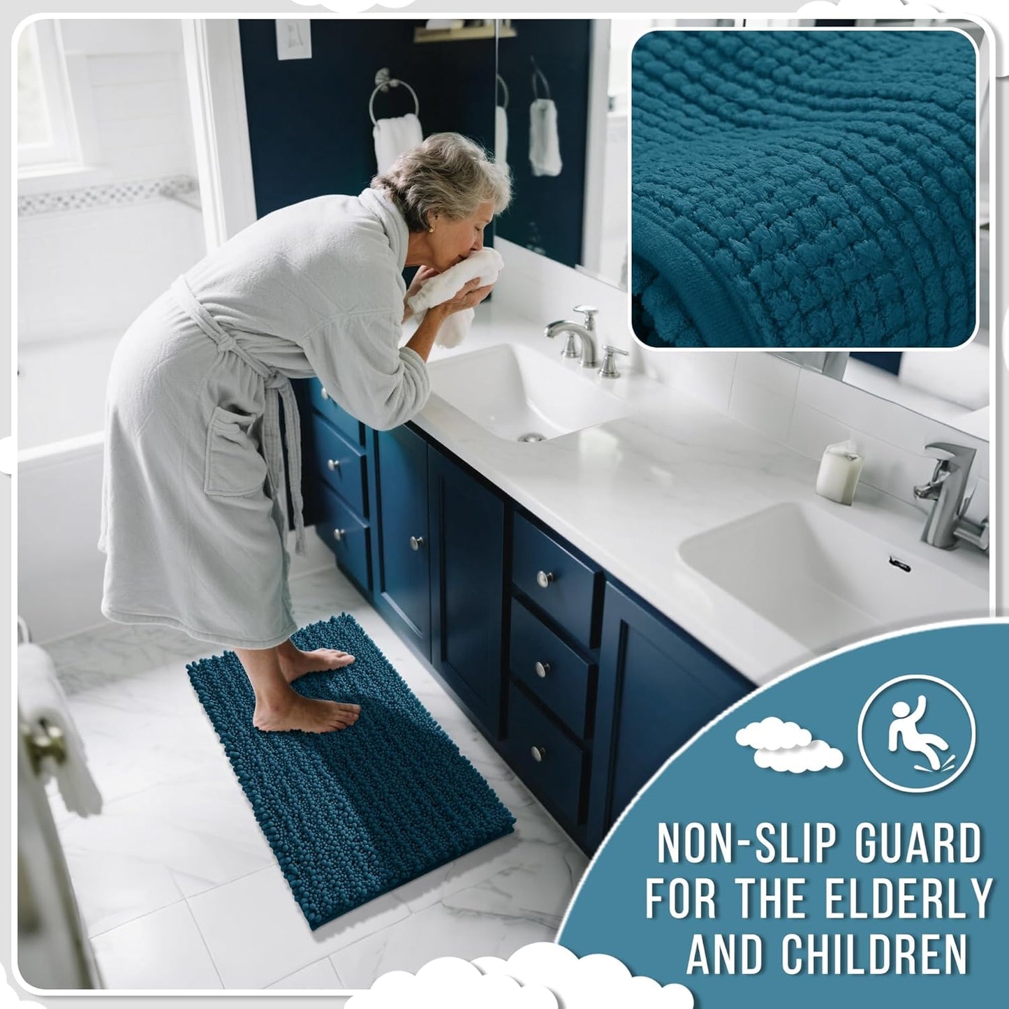 Yimobra Large Bathroom Rugs Non Slip Washable 36x24 Inch - Ultra Soft Absorbent Chenille Bath Mat, Quick Dry Shaggy Floor Carpet for Tub Shower, Peacock Blue Home Decor Accessories