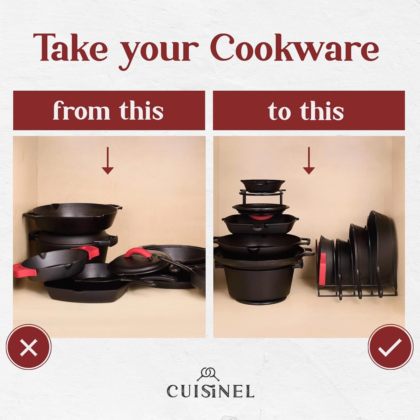 Cuisinel Pots and Pans Organizers - 2-Pack of Silicone-Coated Non-Slip 12" Heavy Duty Skillet Rack - Kitchen Organization Storage - Holds Cookie Sheets, Cutting Boards, Cast Iron Cookware, Dish Stand