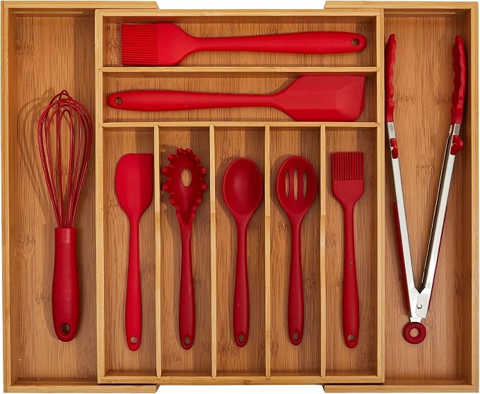 Bamboo Silverware Drawer Organizer - Expandable Kitchen Drawer Organizer and Utensil Organizer, Perfect Size Cutlery Tray with Drawer Dividers for Kitchen Utensils and Flatware (20Inch) by Ohwin
