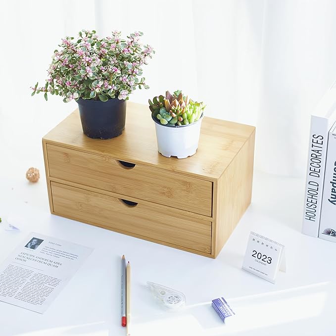 Charmewooden Bamboo Desk Organizer With Drawers Countertop Drawers Counter Storage Box Corner Desk Organizer for Home Office No Assembly Required (2 Drawers) - Image 4