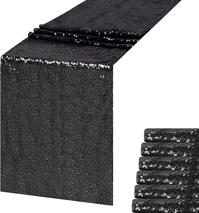 Black Sequin Table Runner 6 Pack, 12x108 Glitter Table Runners by WISPET