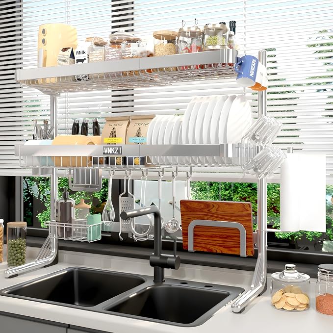 VNKZI Over Sink Dish Drying Rack, 3 Tier Full Stainless Steel Storage Adjustable Length (25.98'' to 36.61'') Kitchen Rack, Multifunctional Expandable Counter Organizer, Space Saver Dish Rack by VNKZI