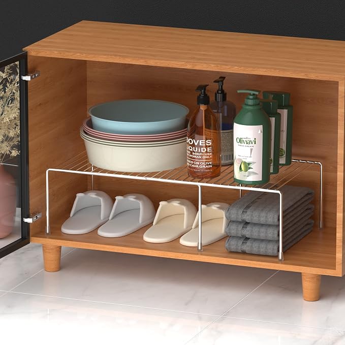 Redrubbit Cabinet Storage Shelf Rack, Expandable Metal Rustproof Kitchen Counter and Cabinet Shelf, Storage Rack Organizer Space Saver for Kitchen, Fridge, Cabinet, Bathroom, Chrome, Set of 6 - Image 5