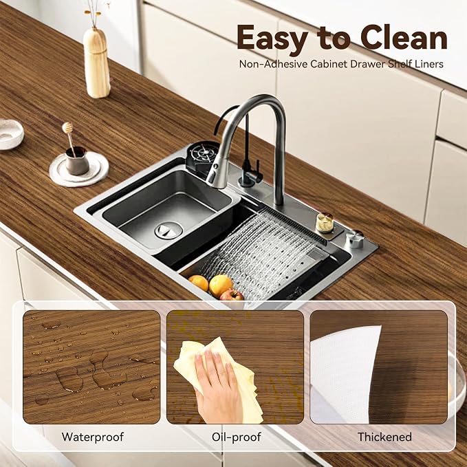 Drawer Shelf Liner for Kitchen Cabinets, Non Adhesive Slip Resistant Shelf Paper Easy to Clean, Strong Grip Thickened Waterproof Washable Mats for Pantry Shelves, Cupboard, Wood Grain, 12 in x 20 FT - Image 2