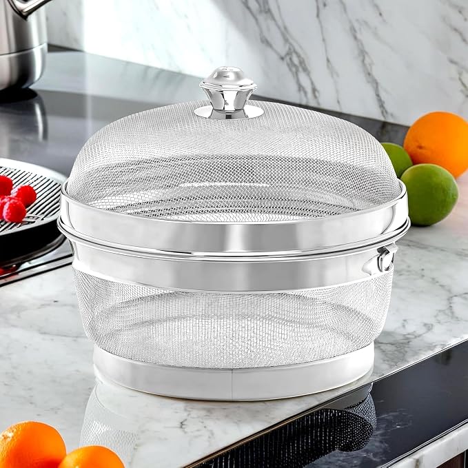 Stainless Steel Fruit Basket with Mesh Lid, Kitchen Countertop Organizer for Fruits & Vegetables, Rust-Proof Breathable Storage Bowl for Produce, Bread & Snacks. (Extra Large) - Image 6