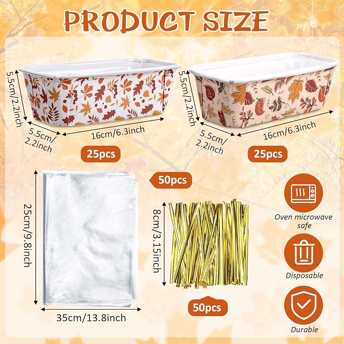 Hushee 50 Sets Fall Paper Loaf Pan 6.3 x 2.2 x 2.2 Inch Disposable Cake Pan Liners with Clear Plastic Bags and Ties Rectangle Paper Baking Mold for Thanksgiving Autumn Bread Cake Bakery (Leaves) - Image 2