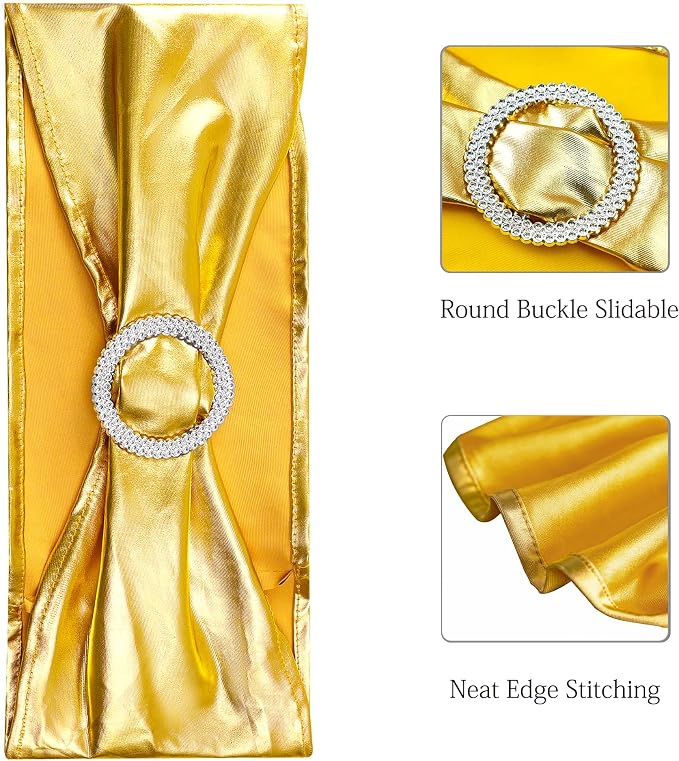 Wedding Spandex Metallic Gold Chair Sashes 100 Pack Chair Bands with Buckle Bronzing Gold Chairs Bows for Party Birthday Bridal Shower Engagement Anniversary Christmas Event Decorations - Image 4