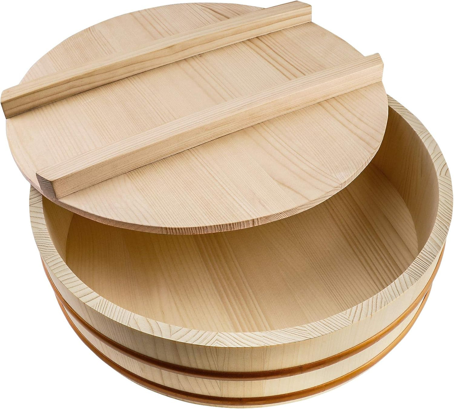 Kichgather Wooden Sushi Rice Bowl with Lid Hangiri Sushi Oke Sushi Rice Mixing Tub (11.8 ” with lid)