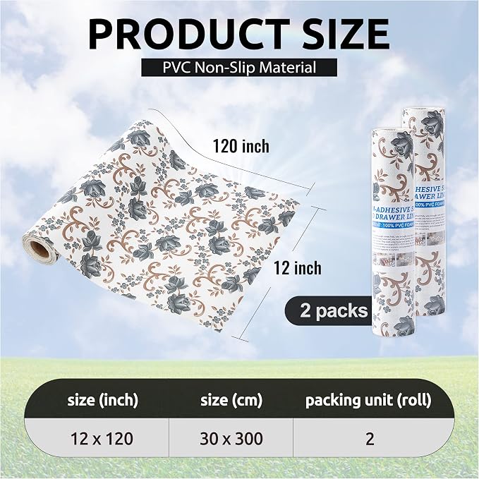 FIFTY FEET 12X120 Inch Shelf Liner for Kitchen Cabinets, PVC Drawer Liner for Dresser Non-Slip Bathroom, Non-Adhesive Cabinet Liner Washable (Black Floral)(2 Roll) - Image 3