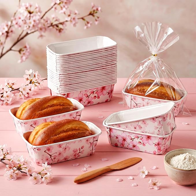 Hushee 50 Sets Pink Blossom Paper Loaf Pans with Bags, 6.3x2.2x2.2" Disposable Mini Bread Baking Molds, Floral Cake Liners for Baby Shower Wedding Birthday Spring Gifts - Image 3