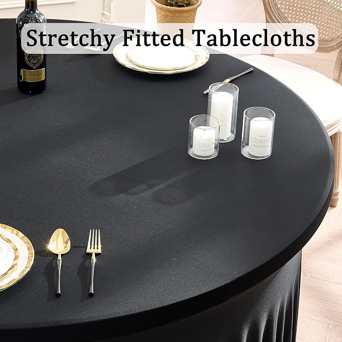 6 Pack Black Round Spandex Tablecloth for 72 inch Table, Wrinkle Free Stretchy 132inch Fitted 6FT Round Table Cloths Cover with Skirt for Wedding Birthday Party Graduation Banquet Events - Image 2