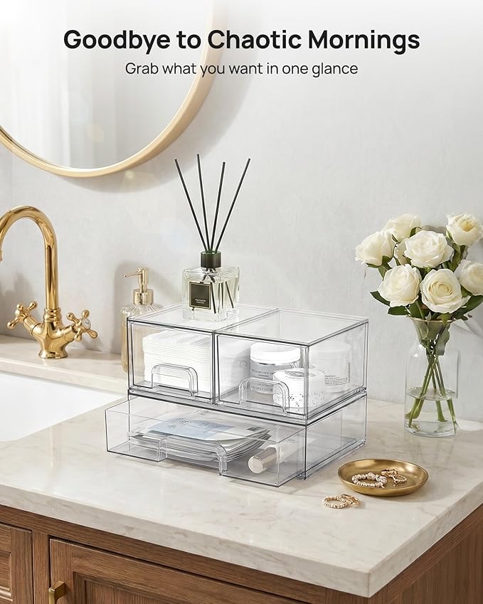 Vtopmart Clear Stackable Storage Drawers Set of 4, Plastic Organizer Bins | Multi-purpose Boxes for Bathroom Accessories, Beauty Supplies, Ideal for Cabinet, Shelf, Pantry, Laundry Room Organization - Image 3
