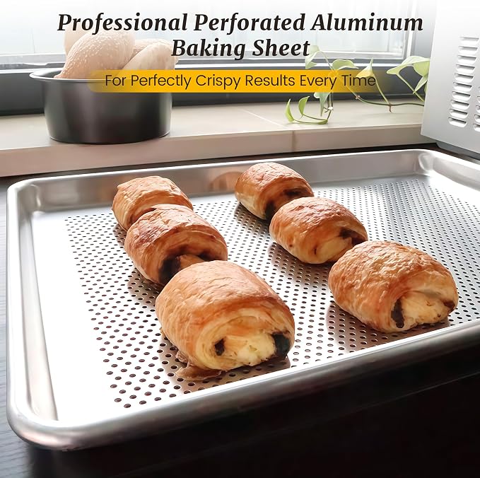 12 Pack Full Size Perforated Aluminum Baking Sheet, 26 x 18 in | NSF, Aluminum Commercial Cookie Sheets, Non-Stick, Oven Safe Up to 500℉ - Image 8