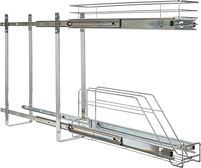 Household Essentials Glidez Multipurpose Chrome-Plated Steel Pull-Out/Slide-Out Storage Organizer for Cookware and Bakeware - 2-Tier Design - Fits Standard Size Cabinet or Shelf, Chrome - Image 8