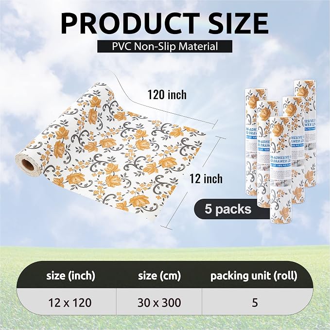 FIFTY FEET 12X120 Inch Shelf Liner for Kitchen Cabinets, PVC Drawer Liner for Dresser Non-Slip Bathroom, Non-Adhesive Cabinet Liner Washable (Yellow Floral)(5 Roll) - Image 3