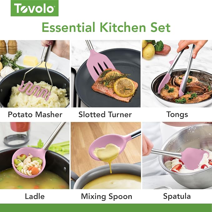 Tovolo Silicone Cooking Utensil Set of 6 Pink Sorbet Ladle Slotted Turner Tongs Flex Core Spatula Scraper Mixing Spoon and Potato Masher, Dishwasher Safe BPA Free Silicone Kitchen Utensils - Image 5