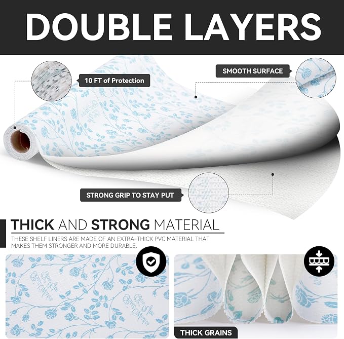 Shelf Liner, Non Adhesive Wisteria Blue Floral 12 Inch x 10 FT (2 Rolls) - Image 7