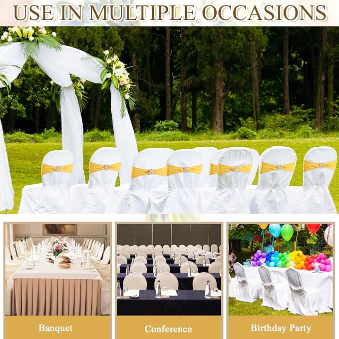 VitalCozy 100 Pcs Spandex Chair Sashes Wedding, Square Buckle, Gold - Image 5