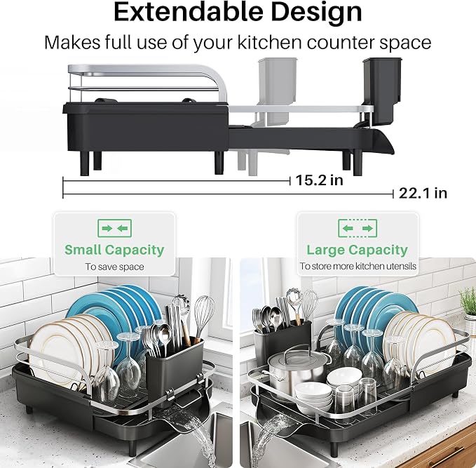 SNTD Expandable Dish Drying Rack for Kitchen Counter, 15.2-22.1 in, Black - Image 3
