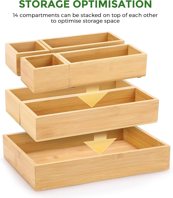 MapleGrace Bamboo Drawer Organizer Set, 14 PCS Wood Storage Organizers - Image 2