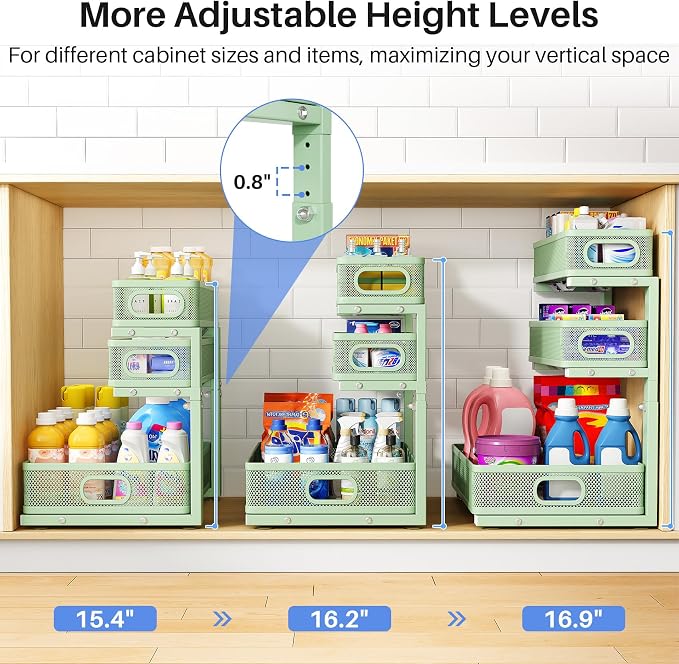 Under Sink Organizer, 3-Tier Thickened Metal Pull out Cabinet Organizer Shelf, Height Adjustable Slide out Storage Drawer Rack for Kitchen Bathroom Pantry Laundry Home Organization, 2-Pack, Green - Image 8
