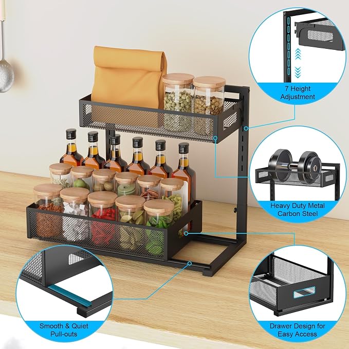 Petiza Under Sink Organizer Pull Out Cabinet Organizer Adjustable Height 2 Tier with Sliding Drawers Kitchen Bathroom Organizer and Storage(1pc) (Pack of 6) - Image 4