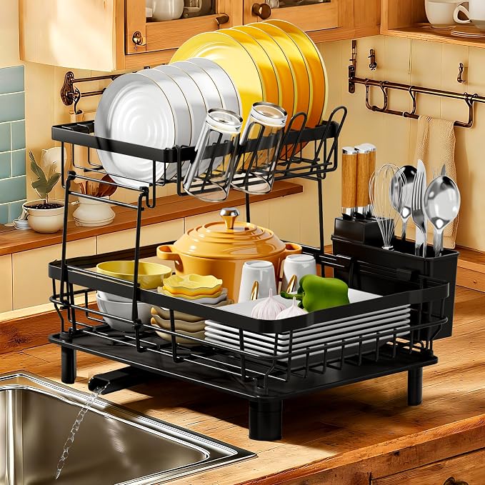 MOUKABAL 2 Tier Dish Drying Rack with Drainboard for Kitchen Counter, Black by MOUKABALGREATHELPER