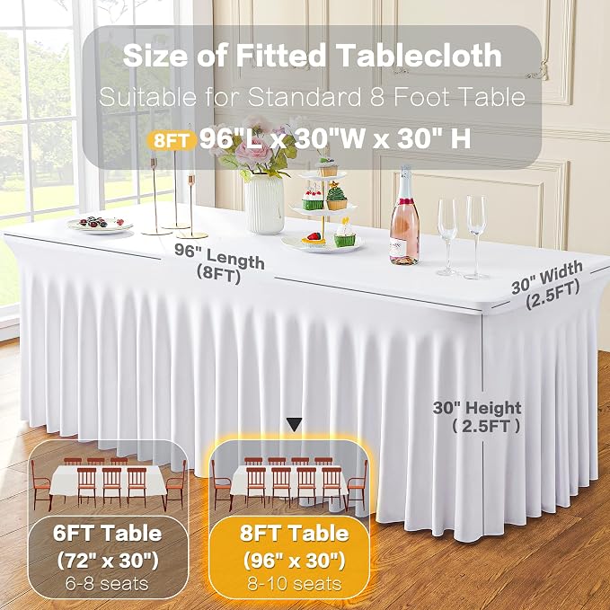 White Spandex Table Clothes for 8 Foot Rectangle Tables, Wrinkle Free Fitted Tablecloths Desk Skirt Stretchy Table Cloth Cover 8ft for Parties Weddings Birthday Banquet Baby Shower - Image 5
