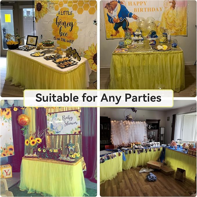 108in Yellow Tulle Table Skirts for Rectabgle Tables 6/8/4ft, 2-Layer Gold Grim Ruffle Tulle Tutu Cloth Table Skirt 9ft Decor Bee Themed Birthday Party Wedding Baby Shower Cake Dessert(No Table Cover) - Image 6