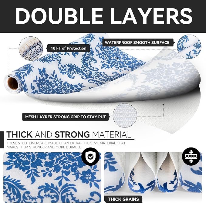 RAY STAR 24" x 10 Ft Shelf Liner for Kitchen Cabinets, Non-Adhesive Cabinet Liner Washable, Drawer Liner for Dresser Non-Slip Bathroom [Blue Damask] - Image 5