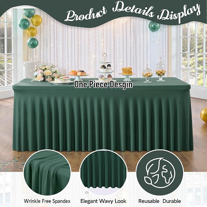 Hunter Green Spandex Table Clothes for 6 Foot Rectangle Tables, 2 Pack Wrinkle Free Rectangle Table Cloth 6ft Stretch Fitted Tablecloths with Skirt for Parties Weddings Birthday Banquet Baby Shower - Image 3