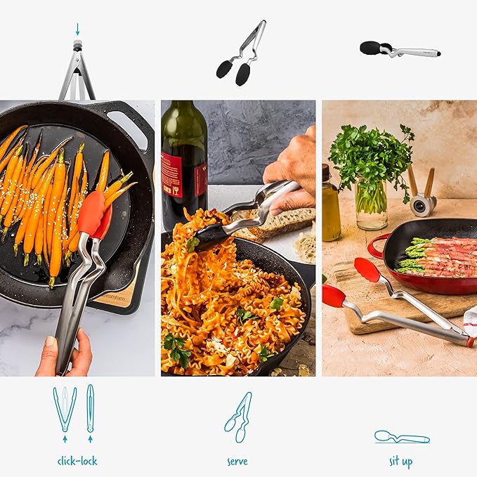 Dreamfarm Clongs Grippy Silicone & Stainless Steel Kitchen Cooking Tongs with Click-Lock Open & Close - 12" Black | Stainless steel, strong-grip non-stick safe tips, one-handed button lock open and close, sit-up handles for mess free benches - Image 4