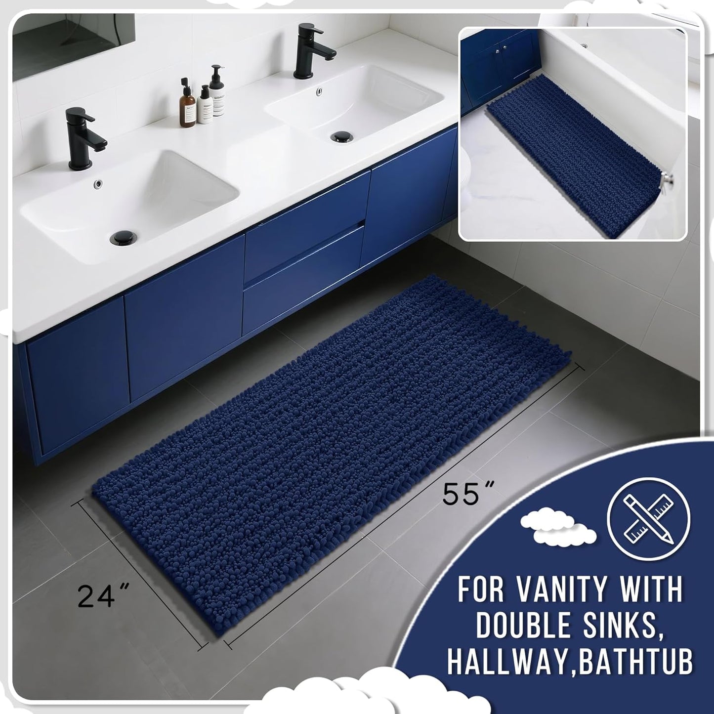 Yimobra Bathroom Runner Rug 55x24 Inch - Extra Long Non Slip Chenille Bath Mat, Soft & Absorbent, Machine Washable Shaggy Hallway Carpet for Vanity Tub Shower, Navy Blue Home Decor Accessories